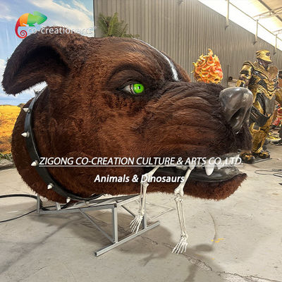 Animatronik İskelet Köpek Kafası Heykeli: Duman Püskürtme Mekanizması ve Parlayan Yeşil Göz Ekranı